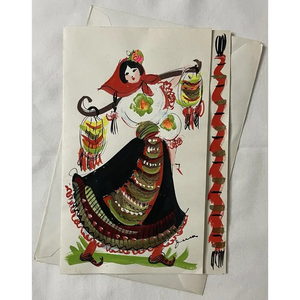 VTG Hand Painted Greeting Card w Envelope MidCentury Woman Folk Style Dress OOAK